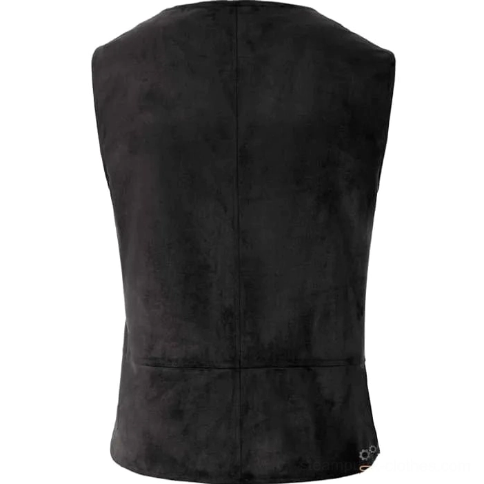 Steampunk suede vest rear view showing structured back seam and gear embellishment at hem on white background