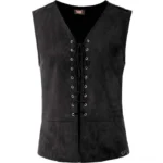 Premium suede steampunk vest with V-neck and decorative lace-up front closure, front view on white background showing gear logo detail at hem
