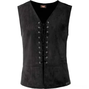 Premium suede steampunk vest with V-neck and decorative lace-up front closure, front view on white background showing gear logo detail at hem