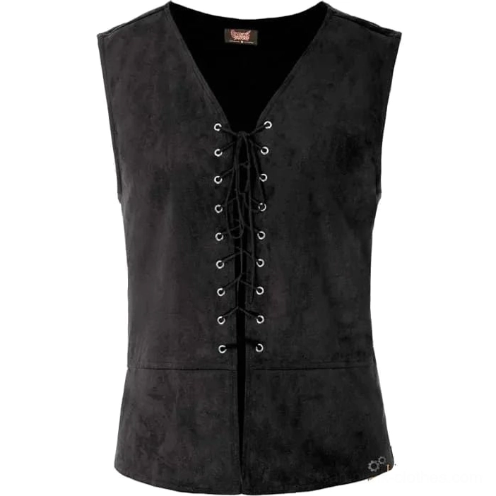 Premium suede steampunk vest with V-neck and decorative lace-up front closure, front view on white background showing gear logo detail at hem