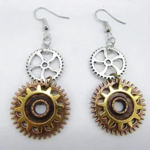 Steampunk mechanical sun gear dangle earrings with layered bronze silver and gold metal cogs on white background