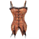 Steampunk swallowtail corset with brown gear print, front view, brown lace neckline and metal buckle straps on white background