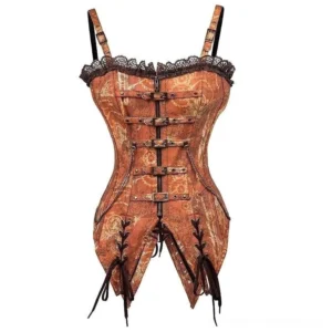 Steampunk swallowtail corset with brown gear print, front view, brown lace neckline and metal buckle straps on white background