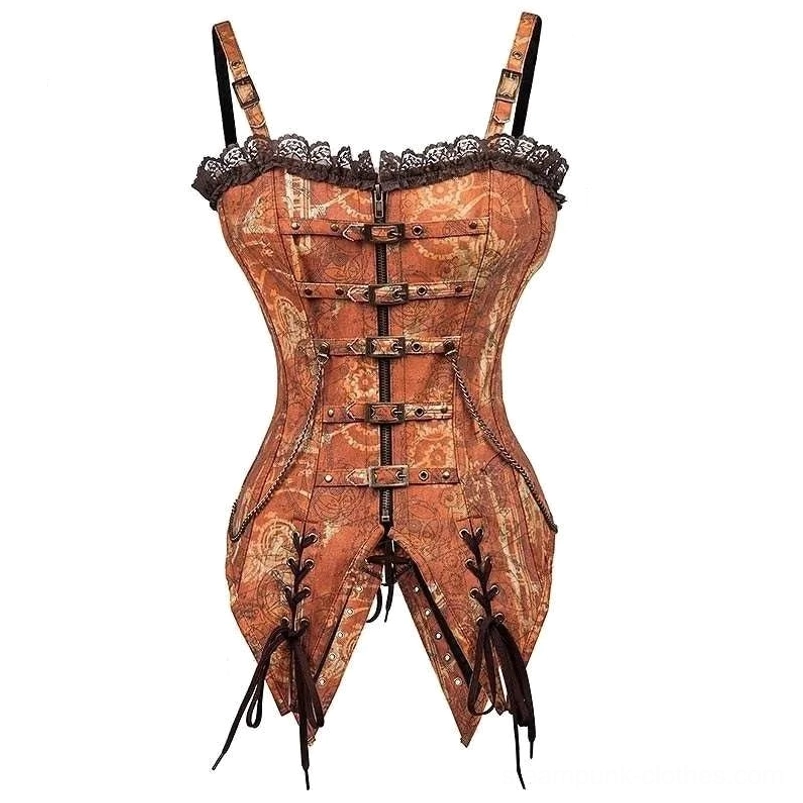 Steampunk swallowtail corset with brown gear print, front view, brown lace neckline and metal buckle straps on white background
