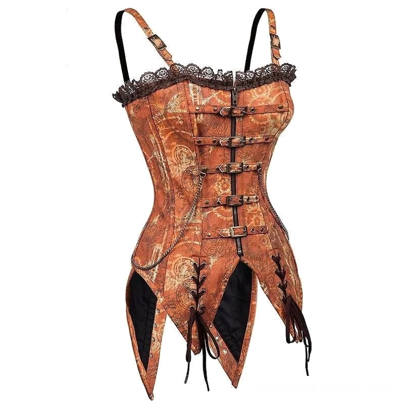 Steampunk corset three-quarter front angle showing mismatched shoulder straps and exposed black inner lining detail