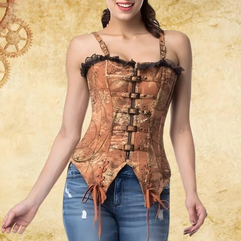 Model wearing steampunk swallowtail corset with blue ripped jeans against vintage steampunk backdrop