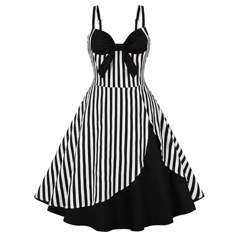 Victorian steampunk swing dress with black and white vertical stripes, asymmetric black hem, and decorative black fabric bow at bust, front three-quarter view on white background
