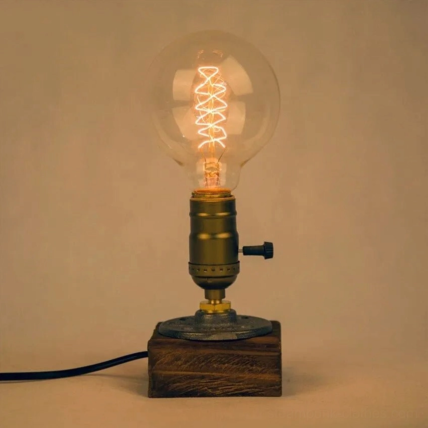 Single large vintage Edison steampunk table lamp with prominent spiral filament bulb and solid wood base, warm industrial aesthetic