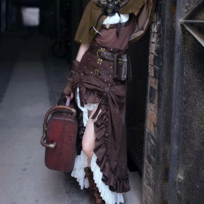Steampunk tactical ruffled skirt with attached leather pouch brass hardware split hem