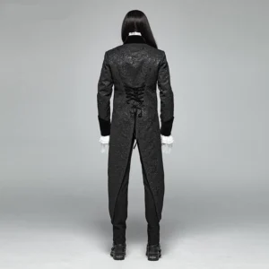 Gothic steampunk tailcoat rear view showing adjustable lace-up corset back with velveteen ribbon and dramatic swallow tail hem