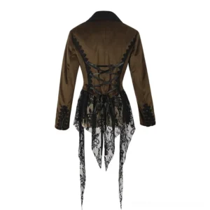 Steampunk tailcoat back view showing lace-up design with black ribbon lacing, flowing lace-trimmed tail skirt, and detailed sleeve cuff embellishment