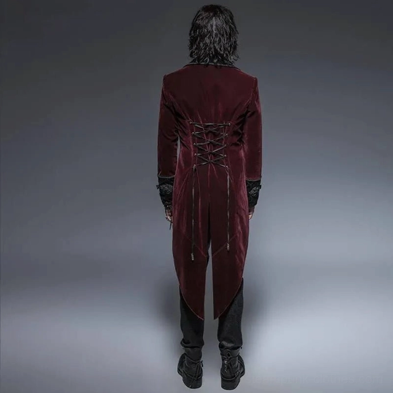 Steampunk tailcoat rear view showing back lacing corset closure and dramatic tail