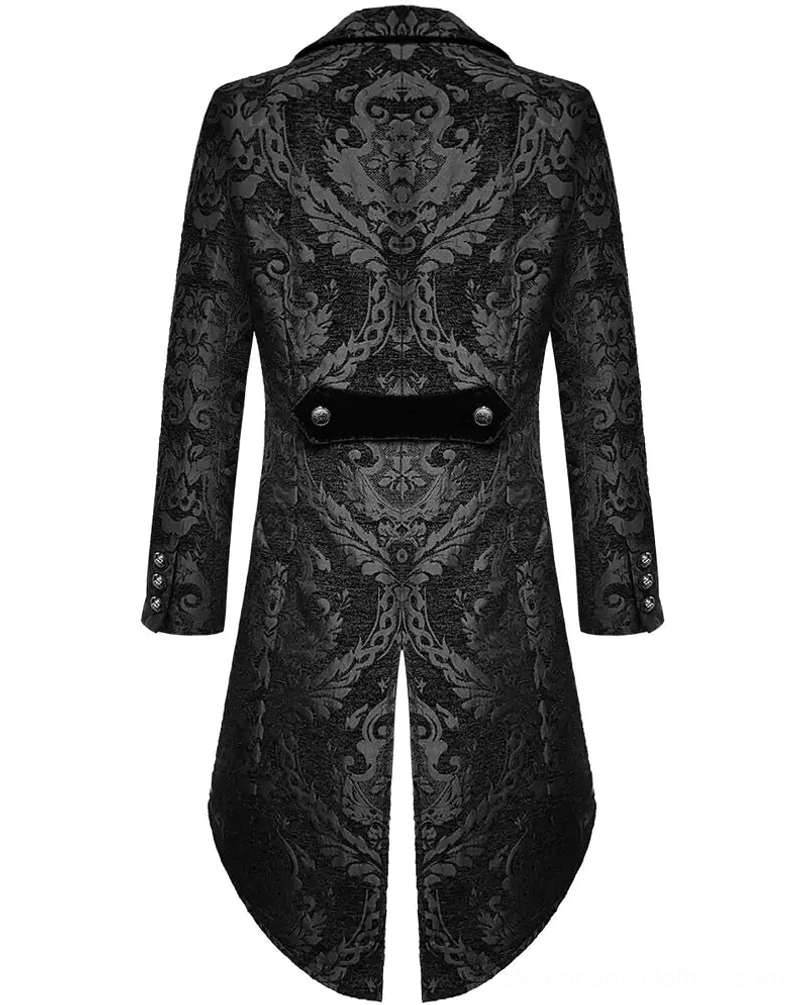 Black steampunk tailcoat back view flat lay showing velvet waist strap with embossed silver metal buttons