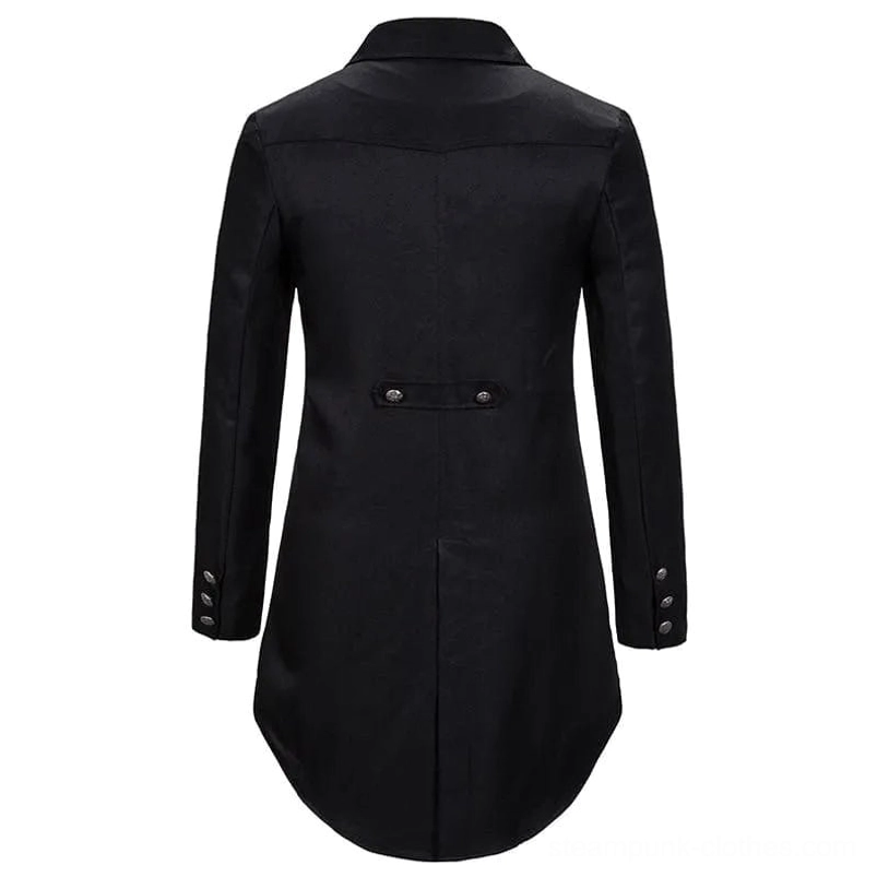 Back view of black steampunk tailcoat with back strap adjustment and curved tail hem detail