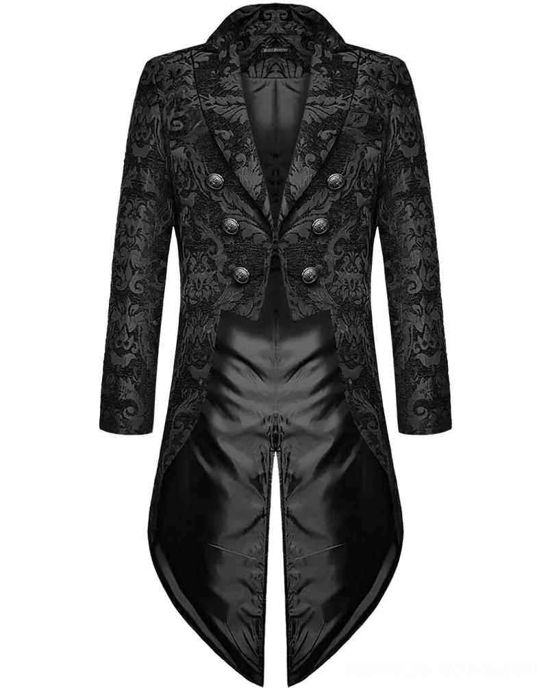 Black damask steampunk tailcoat flat lay front view with split tail design and satin lining visible