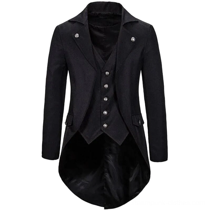 Black Victorian steampunk tailcoat front view with silver buttons, notched lapel, and faux waistcoat