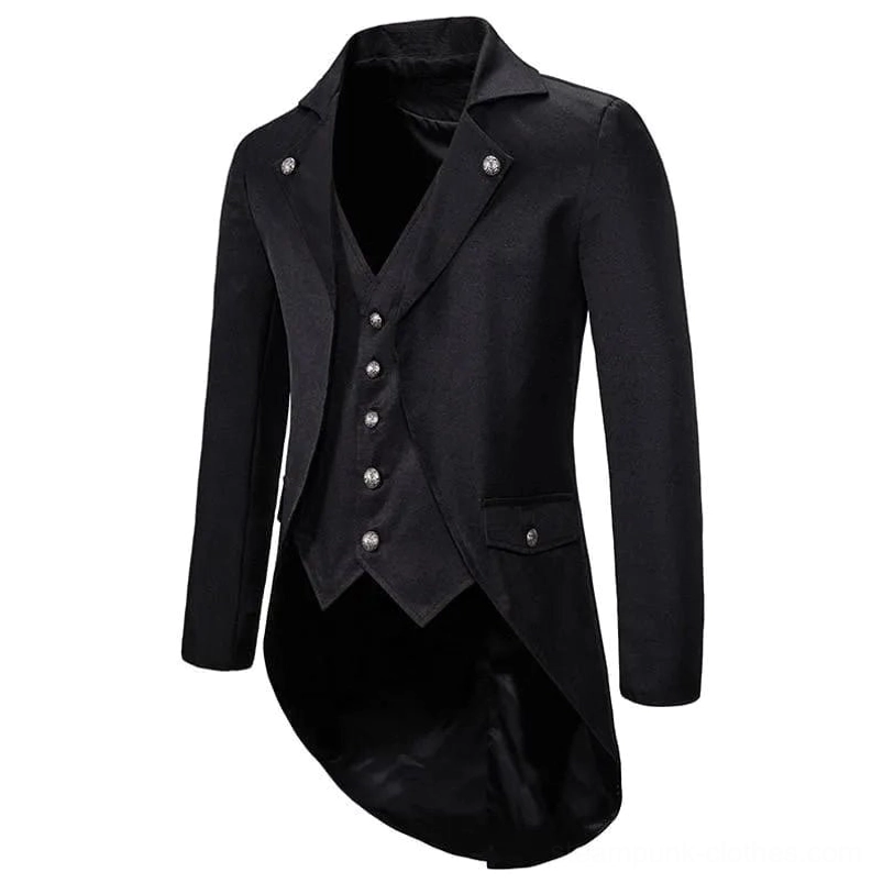 Black steampunk frock coat three-quarter view showing functional side pocket and tailored silhouette
