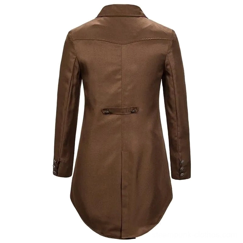 Back view of brown steampunk tailcoat displaying back strap with button and curved tail hem