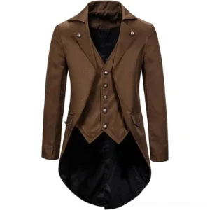 Brown Victorian steampunk tailcoat front view with silver buttons and notched lapel, faux waistcoat detail