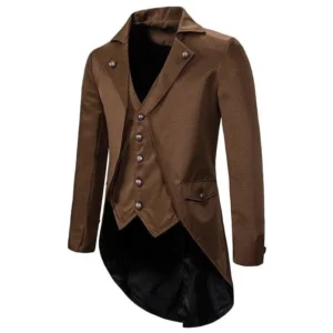 Brown steampunk frock coat three-quarter angle showing side pockets and curved tail hem design