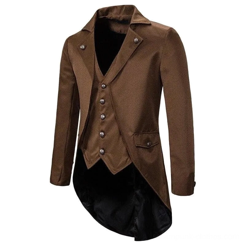 Brown steampunk frock coat three-quarter angle showing side pockets and curved tail hem design