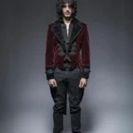Steampunk tailcoat full front view burgundy velvet with black embroidered trim and Chinese frog fastenings