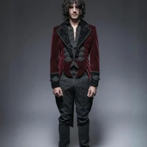 Steampunk tailcoat full front view burgundy velvet with black embroidered trim and Chinese frog fastenings