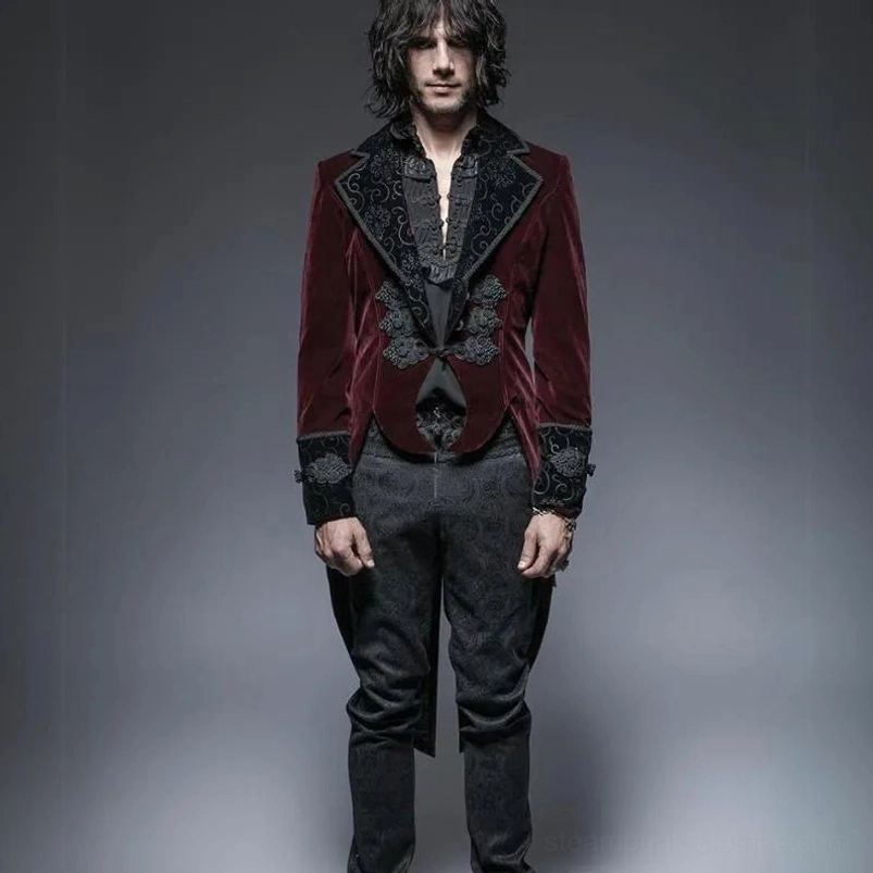 Steampunk tailcoat full front view burgundy velvet with black embroidered trim and Chinese frog fastenings