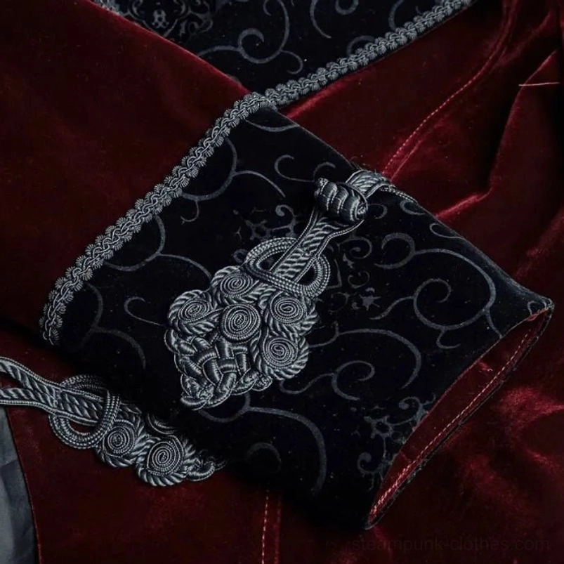 Steampunk tailcoat fabric detail close-up velvet texture braided trim and ornate fastener