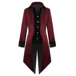 Burgundy steampunk gothic tailcoat flat lay front view - embroidered collar, fake silver button vest front, and irregular split hem detail on burgundy velvet