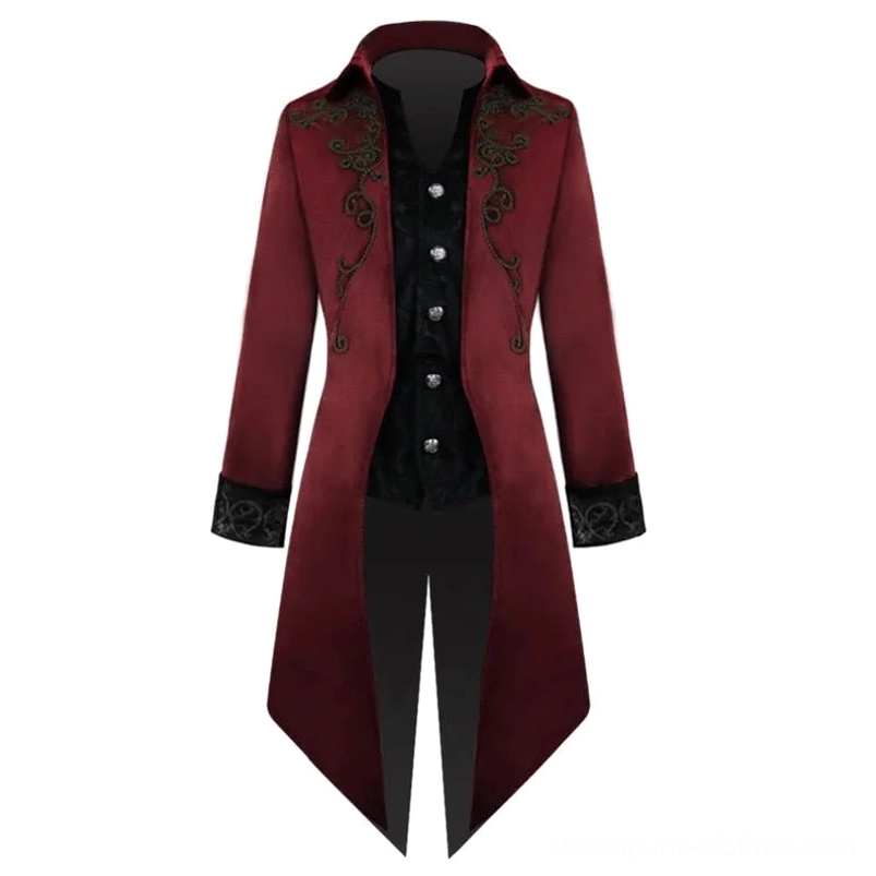 Burgundy steampunk gothic tailcoat flat lay front view - embroidered collar, fake silver button vest front, and irregular split hem detail on burgundy velvet