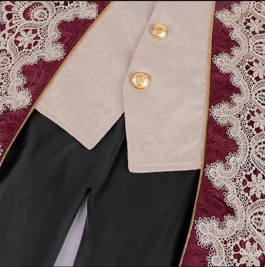 Steampunk Victorian jacket button and trim close-up featuring ornate gold round buttons, burgundy jacquard fabric, and white lace decorative trim