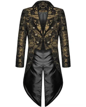 Gold damask steampunk tailcoat flat lay front view showing split tail hem and satin inner lining detail