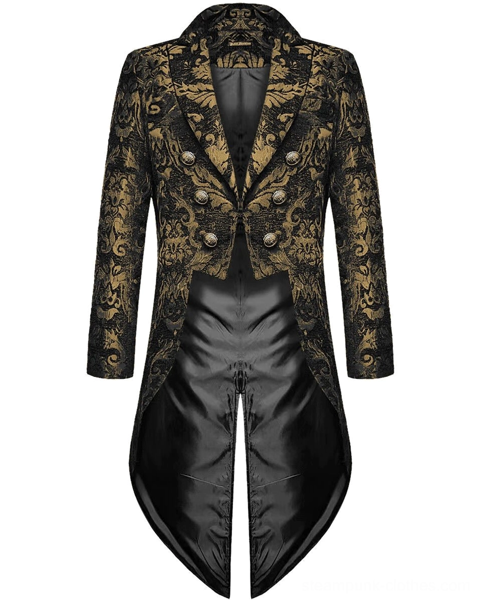 Gold damask steampunk tailcoat flat lay front view showing split tail hem and satin inner lining detail