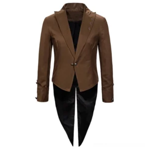 Brown steampunk tailcoat jacket front view, collar studs detail, split tail hem, premium satin fabric