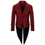 Wine red steampunk tailcoat jacket front view, single button closure, decorative collar studs, split tail hem, smooth satin finish