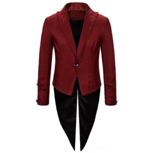 Wine red steampunk tailcoat jacket front view, single button closure, decorative collar studs, split tail hem, smooth satin finish