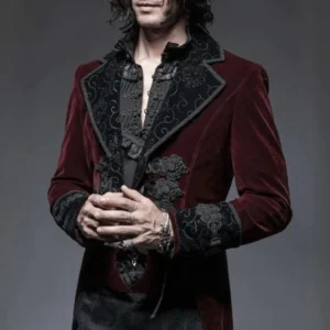 Steampunk tailcoat close-up detail of ornate lapel embroidery ruffled shirt and hand jewelry
