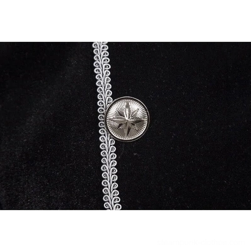 Close-up of steampunk coat metal star-shaped button and braided trim embellishment
