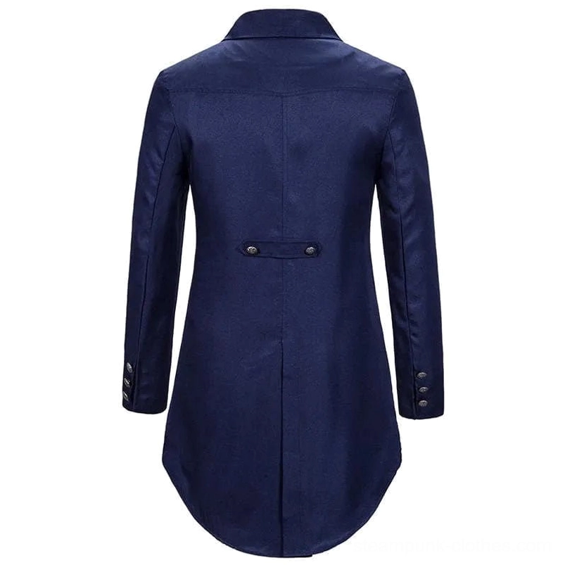 Back view of navy blue steampunk tailcoat displaying back strap with button closure and tail design