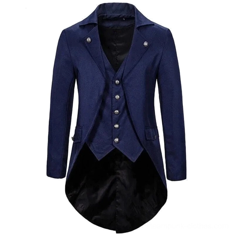 Navy blue Victorian steampunk tailcoat front view with silver buttons and formal frock coat silhouette
