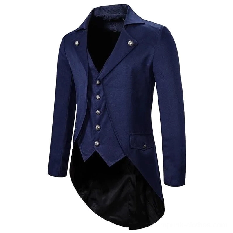 Navy blue steampunk frock coat three-quarter view showing side pockets and elegant curved tail hem