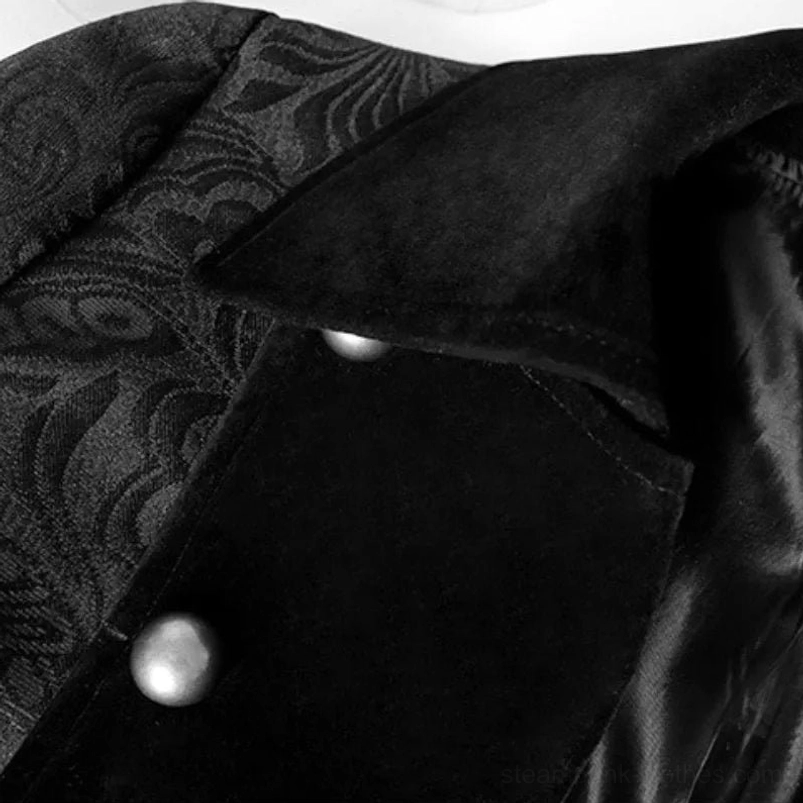 Steampunk tailcoat inner pocket and lining detail with black satin and silver metal button finish