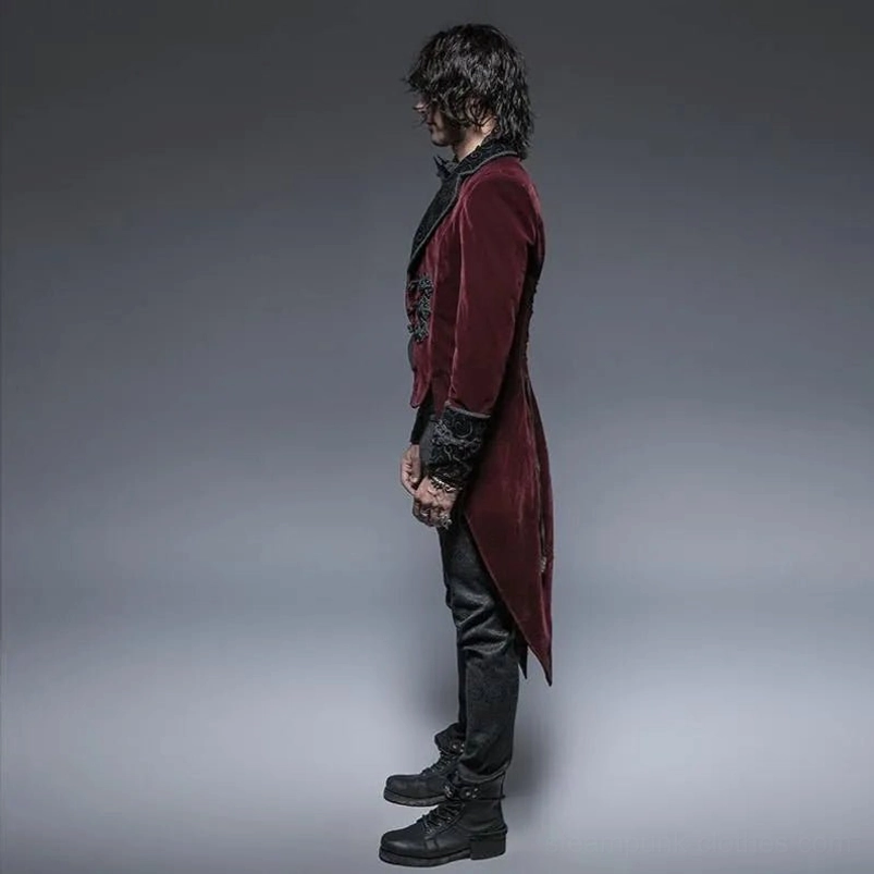 Steampunk tailcoat side profile showing silhouette with long coat tail and swallowtail hem