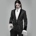 Steampunk tailcoat front view with silver jacquard, black velveteen lapels, standing collar, and decorative buttons - male model long hair grey background