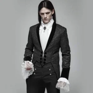 Steampunk tailcoat front view with silver jacquard, black velveteen lapels, standing collar, and decorative buttons - male model long hair grey background