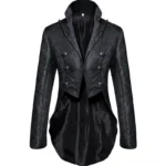 Steampunk gothic tailcoat tuxedo jacket front view on dress form - black jacquard with polished dome buttons and notched lapel