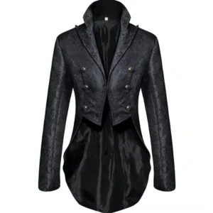 Steampunk gothic tailcoat tuxedo jacket front view on dress form - black jacquard with polished dome buttons and notched lapel
