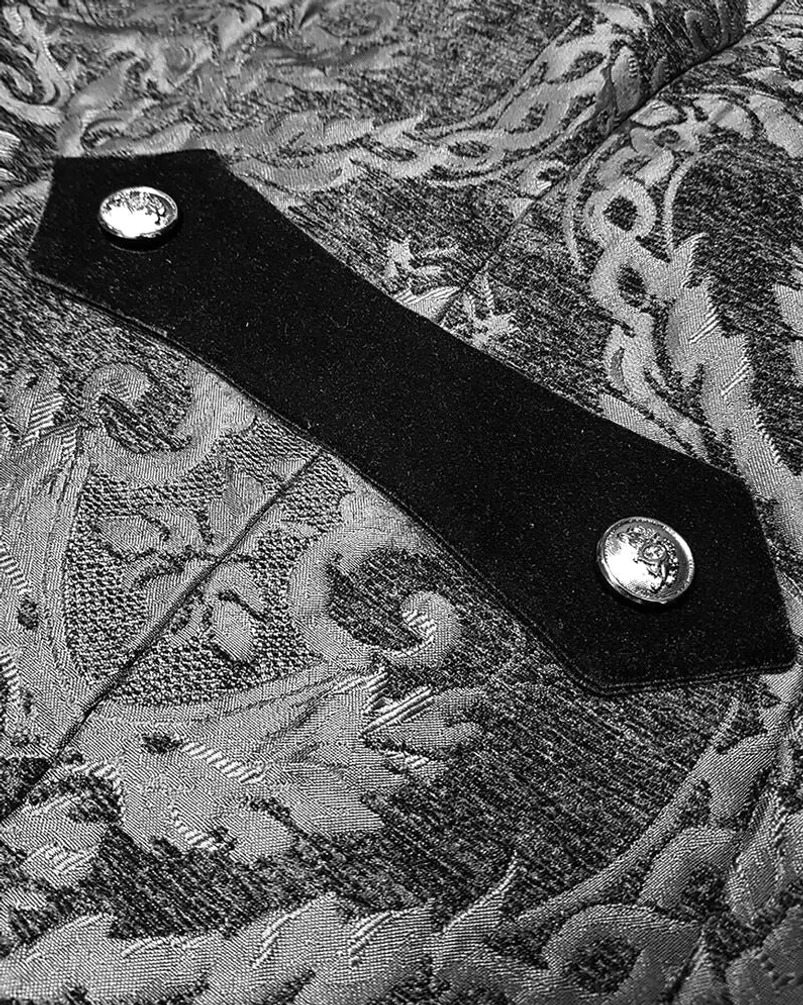 Black velvet waist strap with silver metal buttons on steampunk tailcoat detail shot