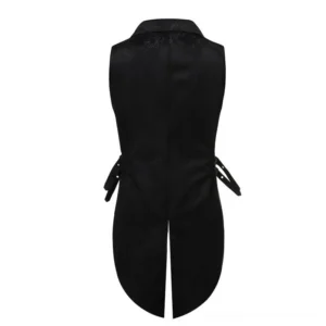 Black steampunk tailcoat vest rear view showing split tail hemline and adjustable side buckle straps